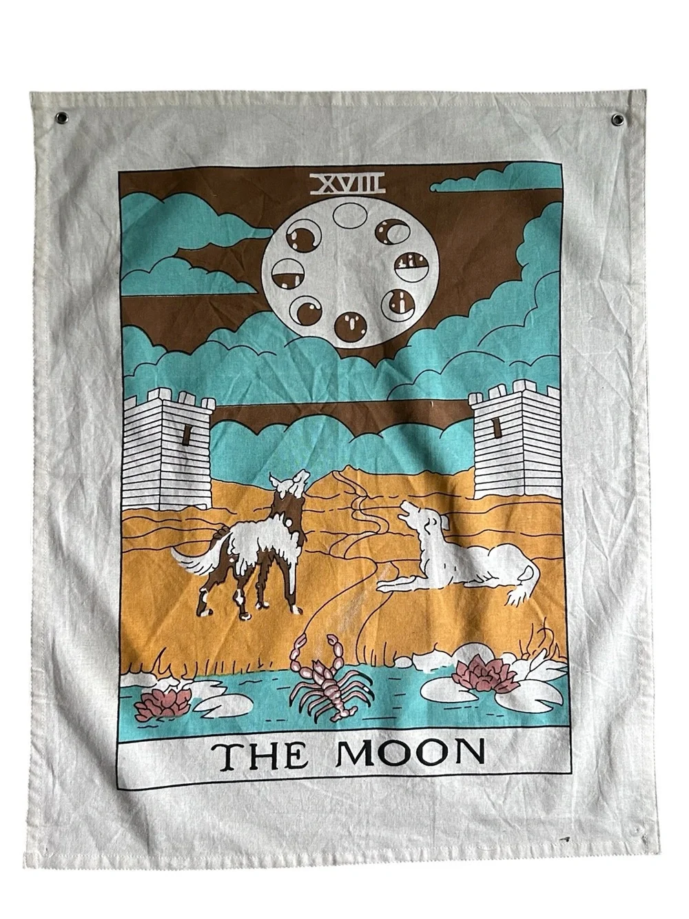 Tarot 'The Moon' Wall Tapestry - Blue, Mustard, White